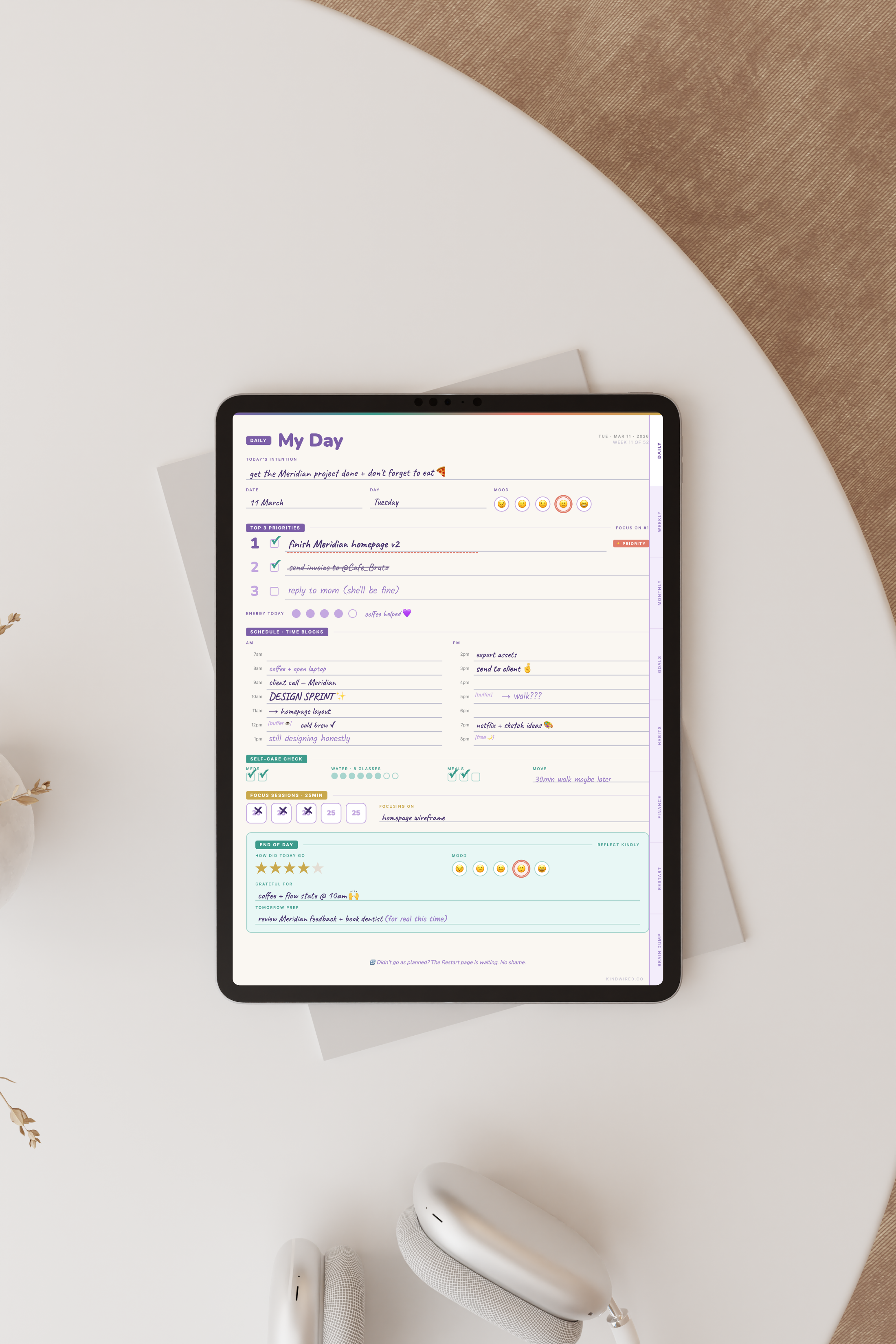 Unstuck Planner — My Day page shown on an iPad, with sections for top three priorities, schedule, and a small brain dump box.